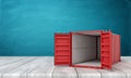 3d rendering of open empty red shipping container on white wooden floor and dark turquoise background Royalty Free Stock Photo