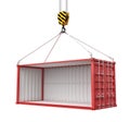 3d rendering of open empty red open-side cargo container suspended from crane isolated on white background.