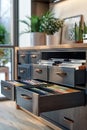 3D rendering of an open file cabinet revealing organized files, office setting