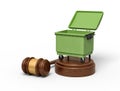 3d rendering of open green trash bin on round wooden block and brown wooden gavel