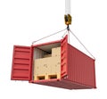 3d rendering of open red cargo container full of cardboard packages, suspended from crane, isolated on white background.