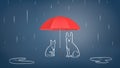 3d rendering of a open red umbrella covering chalk drawn cat and dog from rain on a blue background.