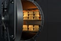 3D Rendering from an open vault with golden bullions Royalty Free Stock Photo