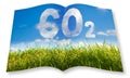 3D rendering opened photobook CO2 concept against a green wild grass on sky background