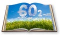 3D rendering opened photobook CO2 concept against a green wild grass on sky background