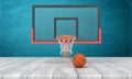 3d rendering of orange basketball ball and basketball hoop on white wooden floor and dark turquoise background Royalty Free Stock Photo