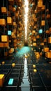 3d rendering of an orange and blue cube maze