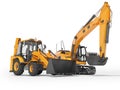 3d rendering orange construction machinery tractor and excavator on white background with shadow