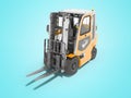 3d rendering orange forklift with cab on blue background with shadow