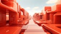 a 3d rendering of an orange hallway with lots of chairs