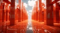 3d rendering of an orange hallway with a sky in the background