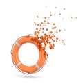 3d rendering of an orange life buoy in the air starting to break into pieces and disappear on white background.