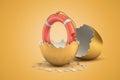 3d rendering of orange life buoy that just hatched out from golden egg.