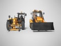 3d rendering orange loading equipment backhoe loader and excavator telescopic handler on gray background with shadow