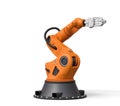 3d rendering of orange robotic arm with grey gripper standing on white background.