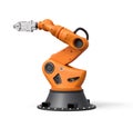 3d rendering of orange robotic arm with grey gripper standing on white background.