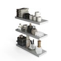 3d rendering of an organized collection of ceramic dishes and cups on white shelves