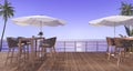 3d rendering outdoor wooden dining set near beach in the evening