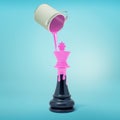 3d rendering of overturned paint can leaks magenta colored paint over a black chess king.