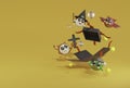 3d rendering owl,devil witch,zombie happy arround black giftbox explored on yellow background