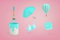 3d rendering of paint brush turning a dice, an umbrella, a crown, a hot air balloon and a bucket into blue color.