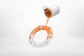 3d rendering of paint can spilling orange paint on light-grey life buoy in mid-air on white background.