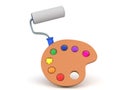 3D Rendering of paint roller and painter palette