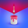 3d rendering of paintbrush drops some bright paint into a metal can while on a half-painted blue and magenta background. Royalty Free Stock Photo