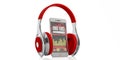 3d rendering pair of red wireless headphones and a smartphone