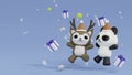 3d rendering panda and reindeer jump and happy with four giftboxs and snowflake. Merry christmas and happy new year