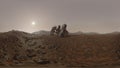 Rendering of a panoramic view of a crashed alien space ship on Mars surface of the planet Royalty Free Stock Photo