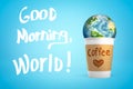 3d rendering of paper coffee cup with earth globe inside and `Good morning, world` sign on blue background. Royalty Free Stock Photo