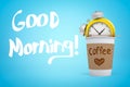 3d rendering of paper coffee cup with yellow alarm clock sitting in it on light blue background with title `Good Morning