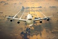 A passengers plane on flight over the clouds