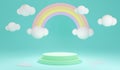 3D Rendering pastel blank product stand podium display with rainbow and cloud on background