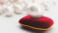 3d rendering of a pearl on a soft red velvet pillow with a gold stroke. Beautiful pearl, expensive jewelry for women