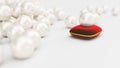 3d rendering of a pearl on a soft red velvet pillow with a gold stroke. Beautiful pearl, expensive jewelry for women