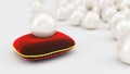 3d rendering of a pearl on a soft red velvet pillow with a gold stroke. Beautiful pearl, expensive jewelry for women