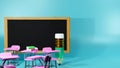 3D Rendering Of Pencil  Blackboard And School Desks On Blue Background. Realistic 3d Shapes. Education Concept. Come Back To