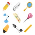 3d rendering pencil, paper clip, blue lamp, exam paper, yellow marker, compass, ruler, lupa and scissors icon set. 3d