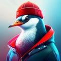 3D rendering of a penguin in a red helmet on a blue background Generative AI