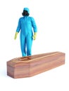3D rendering of person in hazmat suit with coffin