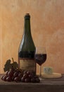 3D rendering picture of the bottle of wine, a glass of wine and cheese and grapes Royalty Free Stock Photo