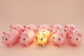 3d rendering picture of golden piggy bank stand out among other pink pigs surrounded on light pink background