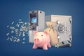 3d rendering of piggy bank stands surrounded by an ATM machine, a money bag, a safe box and a POS terminal.