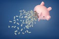 3d rendering of a piggy bank upside down with its back split open and dollar bills falling out.
