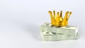 3D rendering of a pile of banknote with a golden crown on color background, Finance and success business concept