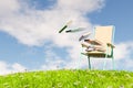 3D rendering of pile of books flying from chair on grassy field Royalty Free Stock Photo
