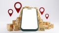 3d rendering of Pile of carton boxes and red location pins with a smartphone, Online business symbol