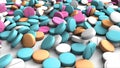 3D rendering pile of pink, blue, white, beige round pills on white background. Computer graphics of medical tablets with